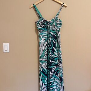 Nathan Martin Womens Teal Navy White Abstract Leaf Print Maxi Dress Sweetheart
